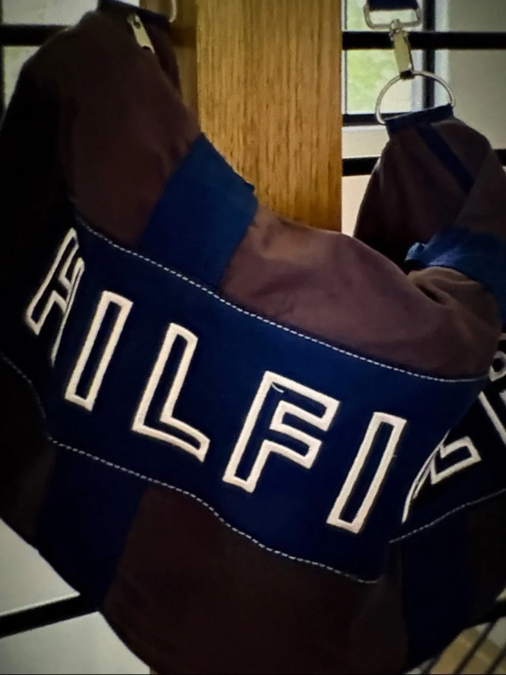 Tommy Hilfiger Blue Grey Canvas Duffle Logo Shoulder Bag Travel Gym Beach